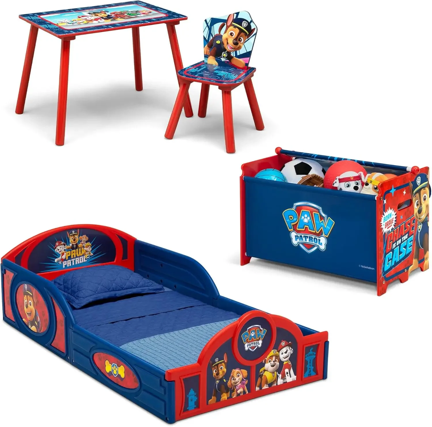 Patrol 4-Piece Toddler Room-in-a-Box Set – includes Sleep and Play Toddler Bed, Table, 1 Chair and Toy Box, Blue