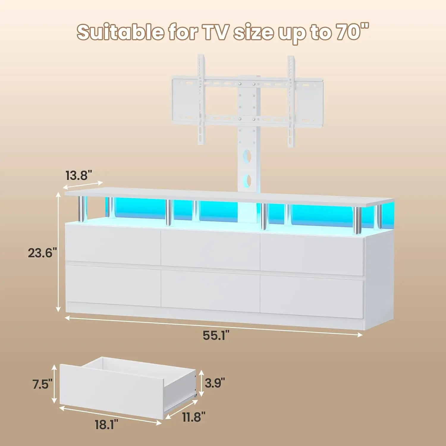 White LED TV Stand with Mount & Power Outlet for 70 Inch TV, 6 Drawers Entertainment Center for Living Room Bedroom, Customized