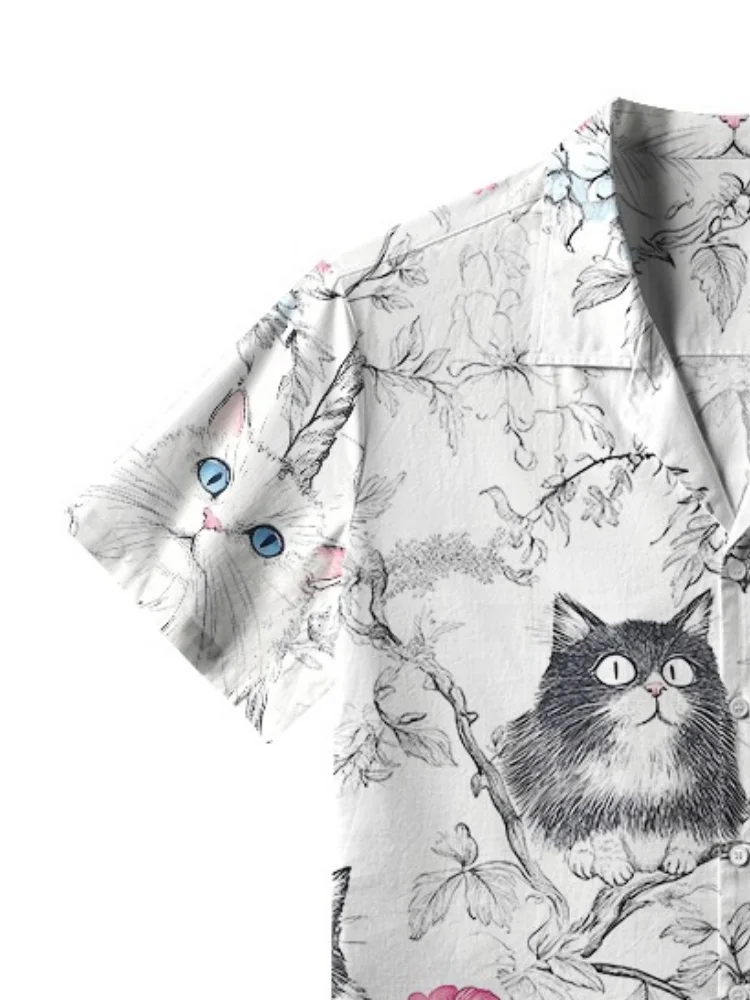 Fashion Special Korean Tops Black And White Cat On A Branch Aloha Hawaiian Shirt 2025 Summer Short Sleeve 3D Commuting Tunics