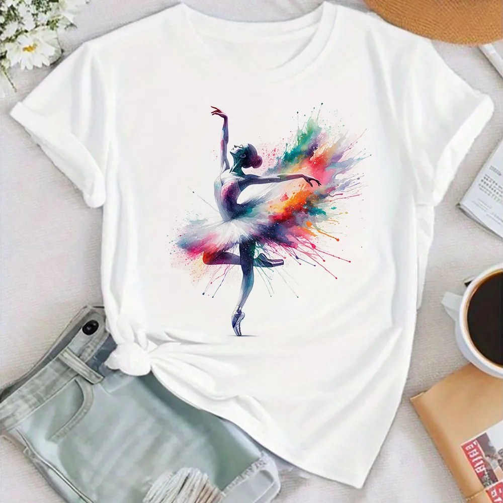 Akwarela baleriny koszula z nadrukiem torba balernica strój tancerza T-shirt damskie letnie ubrania topy dziewczęca koszulka z krótkim rękawem koszule damskie