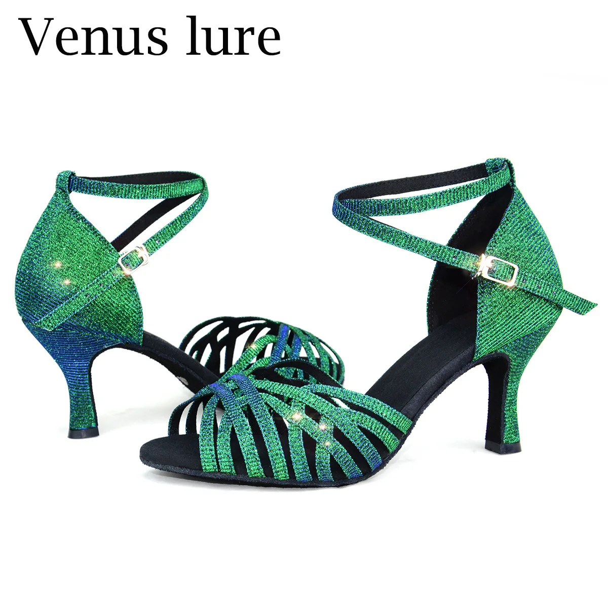 Venus Lure Customized Green Sequin Glitter Salsa Dance Shoes Sandals Thin Heel 7.5CM Suede Soft Sole