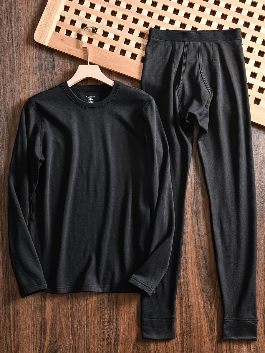 

Thickened Fleece Men's Warmth Set Base Layer T-shirt Pants Winter Sporty Style Long Sleeve Youth Size Home Wear Thermal Suit