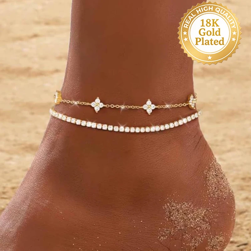CZ Anklets for Women 18K Gold Plated Waterproof Layered Stackable Tennis Dot Chain Ankle Bracelet Summer Beach Foot Jewelry ﻿ view 2