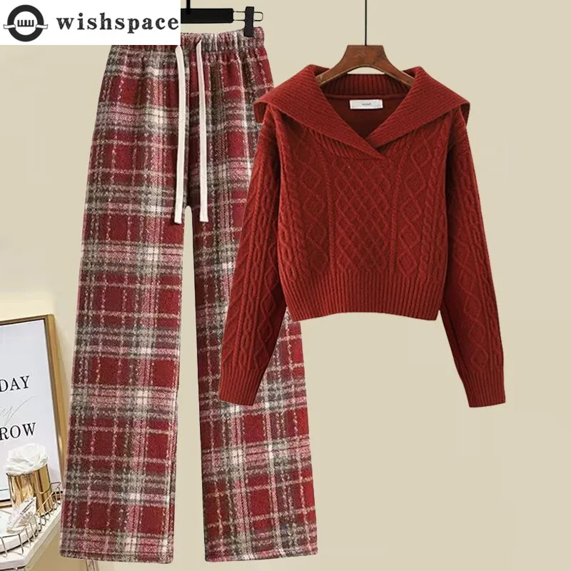 

Advanced Style Set for Women New Korean Version High Waisted Short Sweater Slimming Plaid Casual Pants Two-piece Set