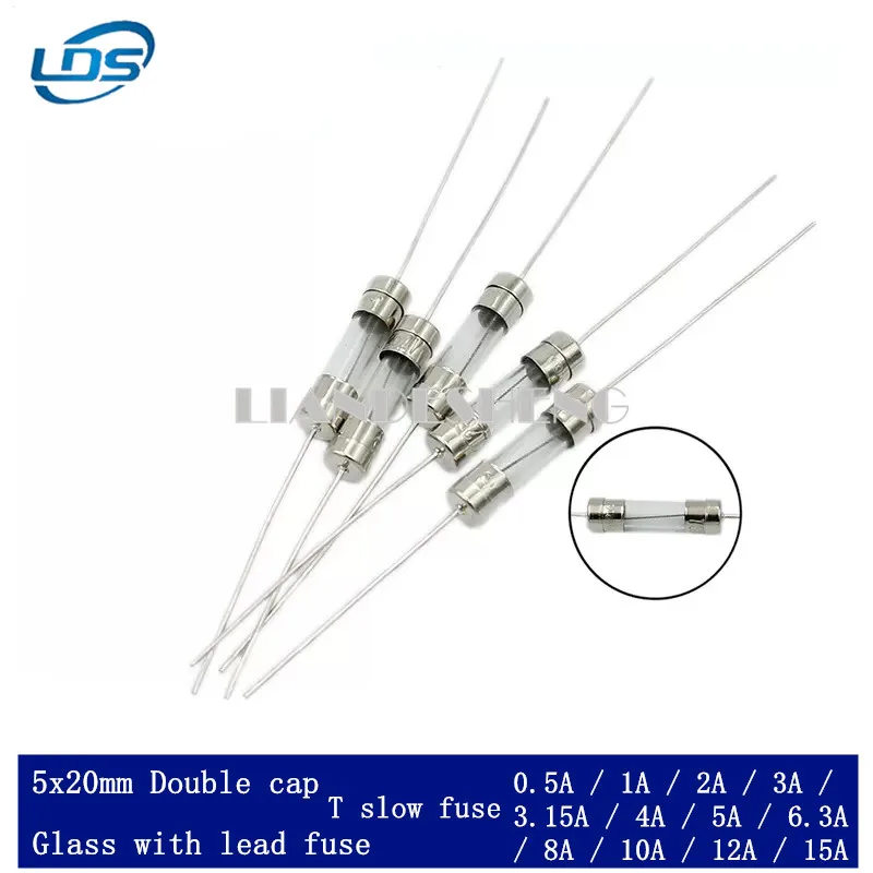 10pcs 5x20MM glass fuse tube with lead feet 250V slow blow T 0.5A 1A 2A 2A 3.15A 4A 5A 6.3A 8A 10A 12A 15A