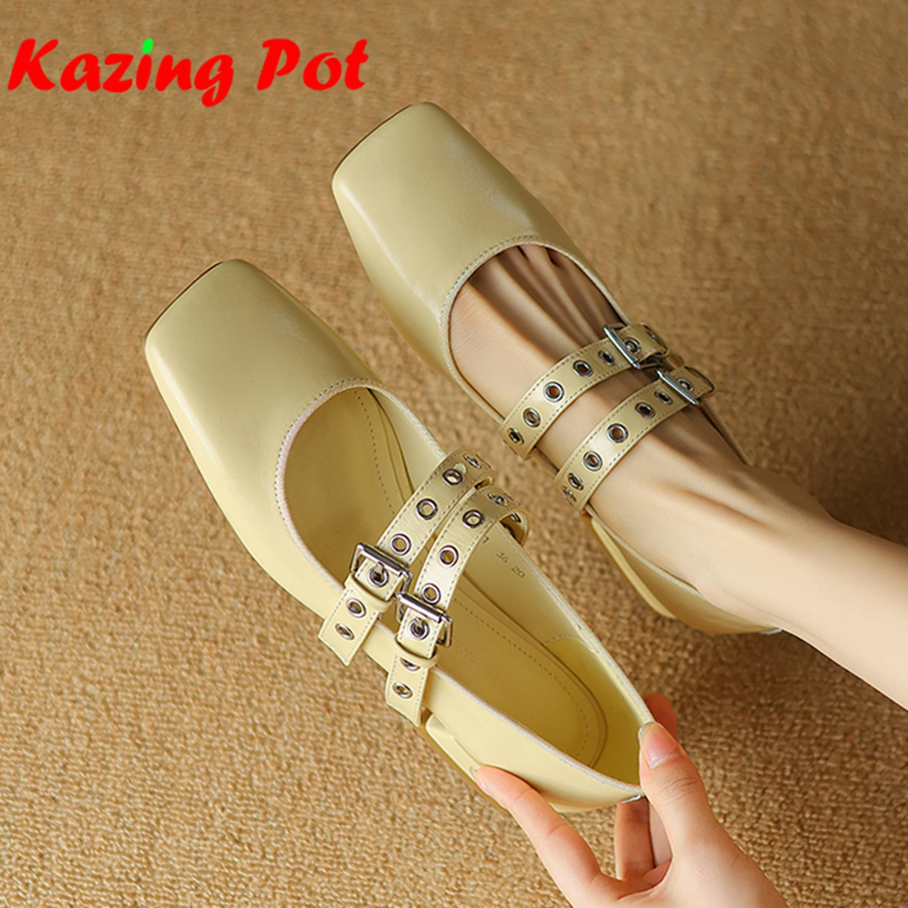 

Krazing Pot Genuine Leather Square Toe Thick Low Heels Metal Rivets Summer Glove Shoes Mary Janes Fairy Lady Women Shallow Pumps