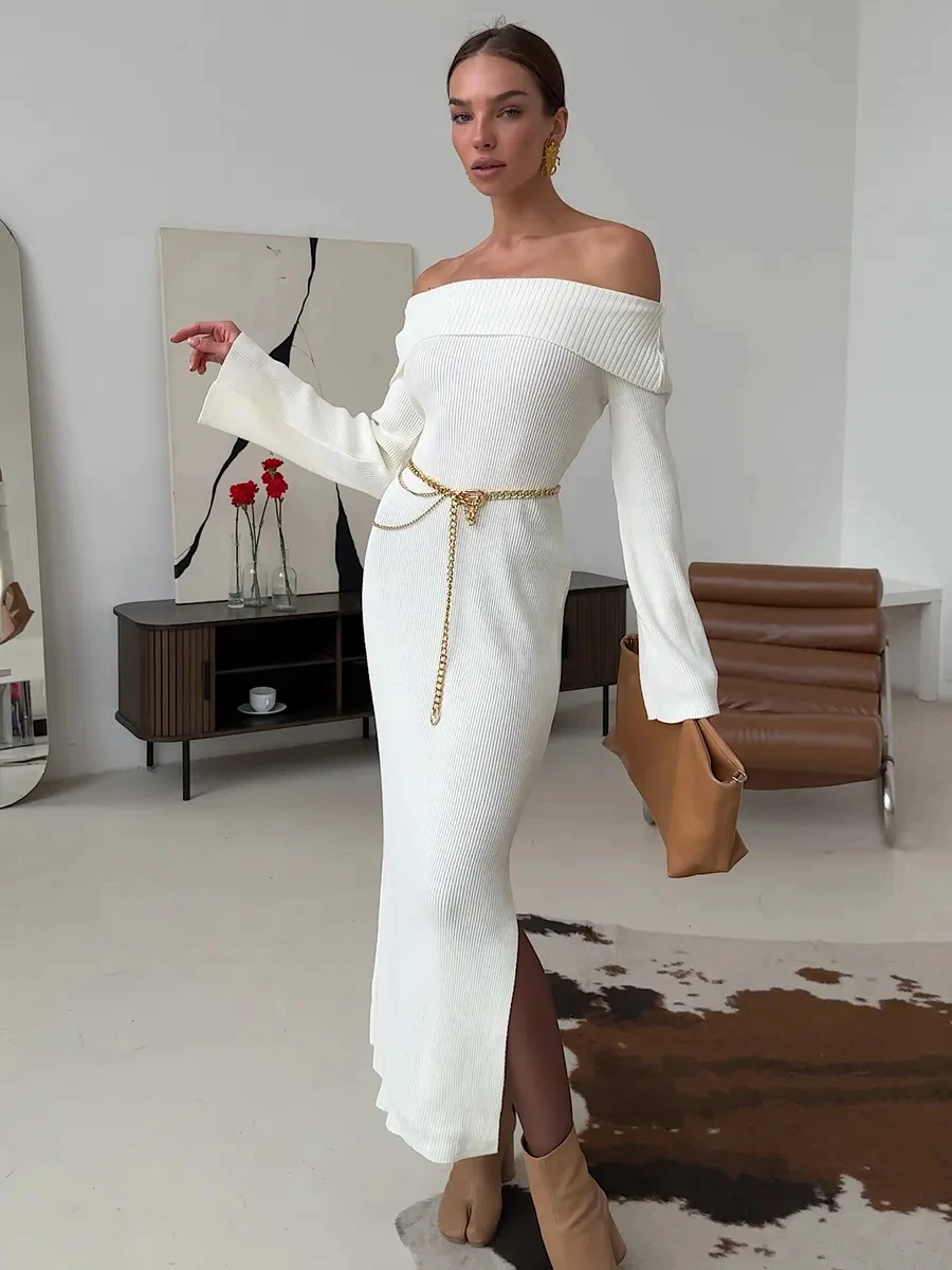 2026 Frühling Gestricktes Langes Kleid Damen Sexy Schulterfreies Langarm Bodycon Enganliegendes Kleid Elegantes Partykleid Vestidos