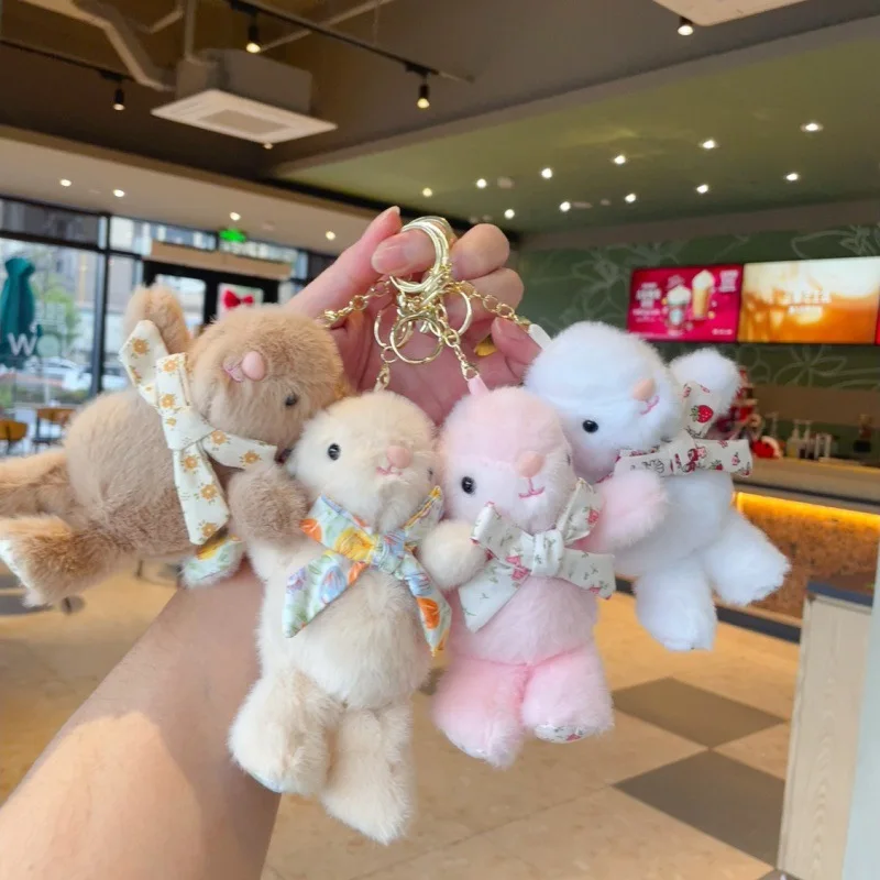 Hello kitty Flower Bowknot Rabbit Keychain Soft Cute Car Key Pendant Cartoon Stuffed Rabbit Doll Keyring Unisex