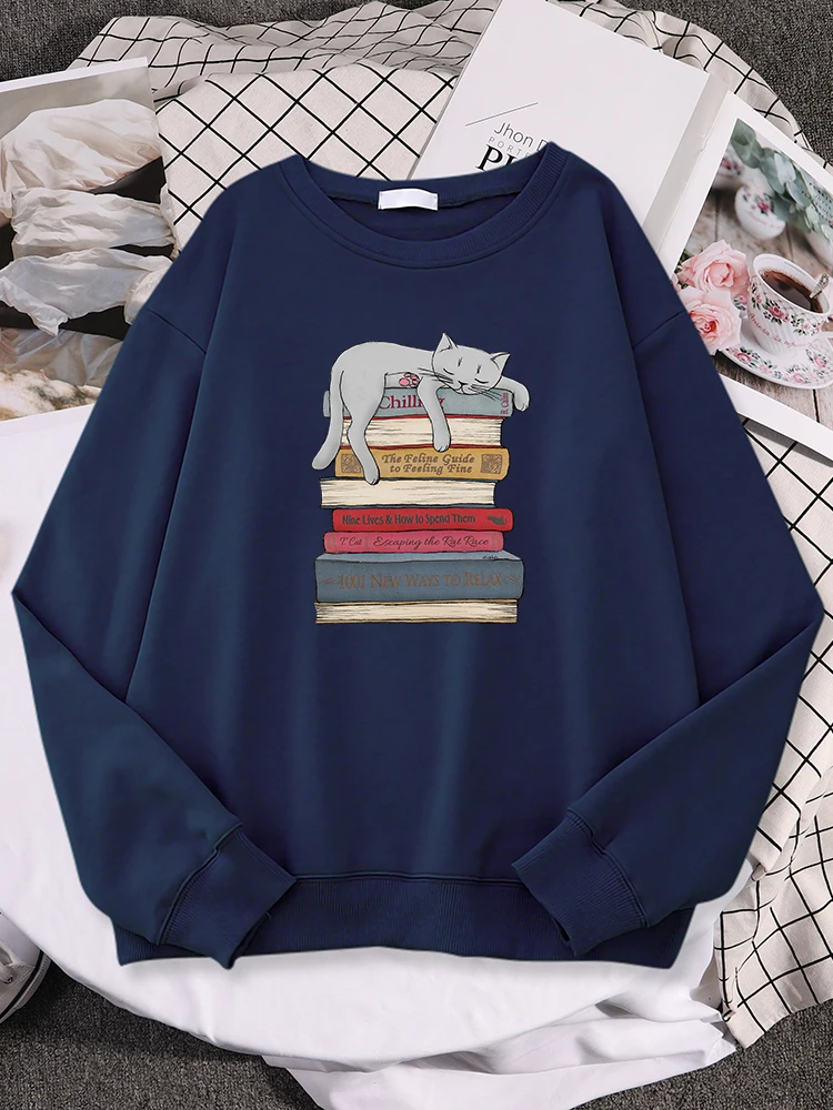 Women Sweatshirt Cat Sleeping On The Book Cartoon Print Pullover Females Casual Oversize Clothe Fleece Warm Loosewomen\'S Sweater