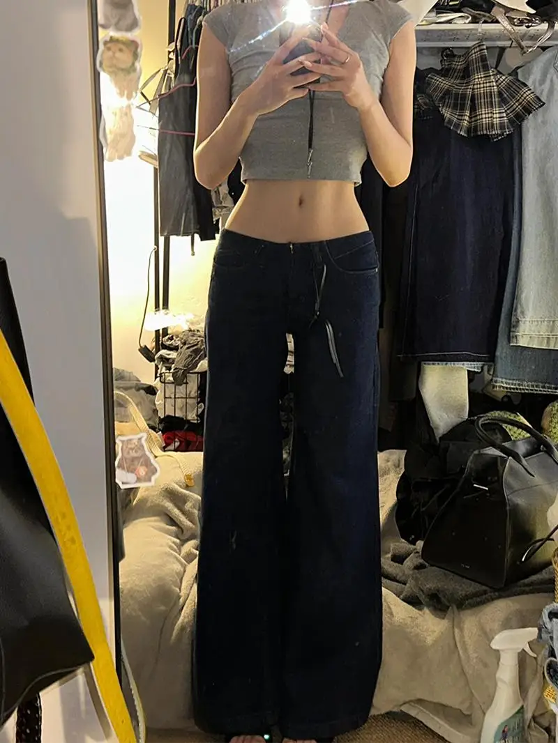 

Low Waist High Street Washed Deep Blue Denim Jeans Women Summer New Y2K Millennium Style Hot Girl Long Pants Straight Leg Jeans