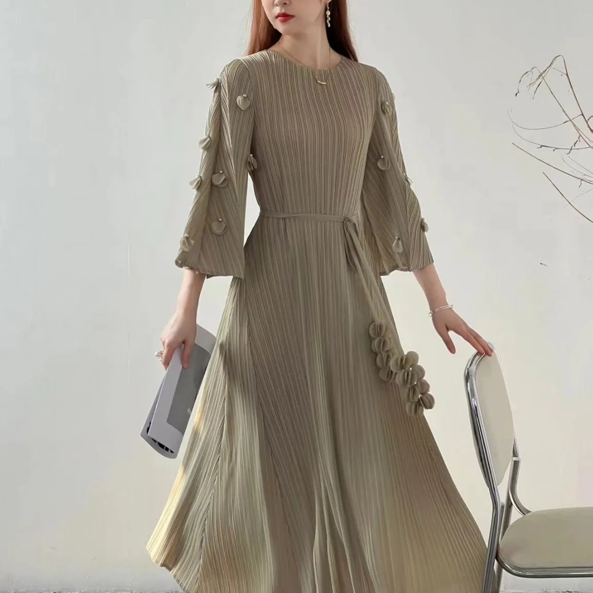 Miyake Style Pleated New Dress Women's 2024 Spring Fashion High-end Bell Sleeves Beaded Temperament Mid-length Skirt  Vestidos