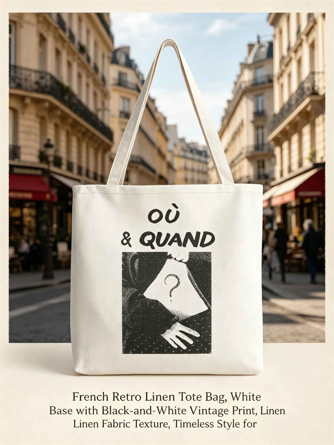 2026 Women's Shoulder Bag, Vintage French Où & Quand Question Typography Art Print Handbag, Stylish Daily Tote Bag for Casual Ca view 3