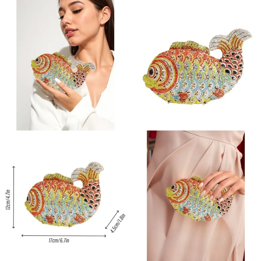 Women Mini Fish Clutch Luxury Rhinestones Purse Sparkling Banquet Handbag Wedding Party Clutch Bag