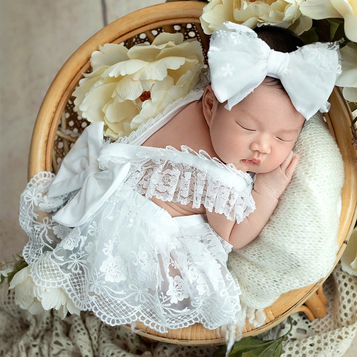 Ylsteed 2 Pieces Set Newborn White Lace Photography Outfits with Headband Baby Girl Back Bowknot Romper