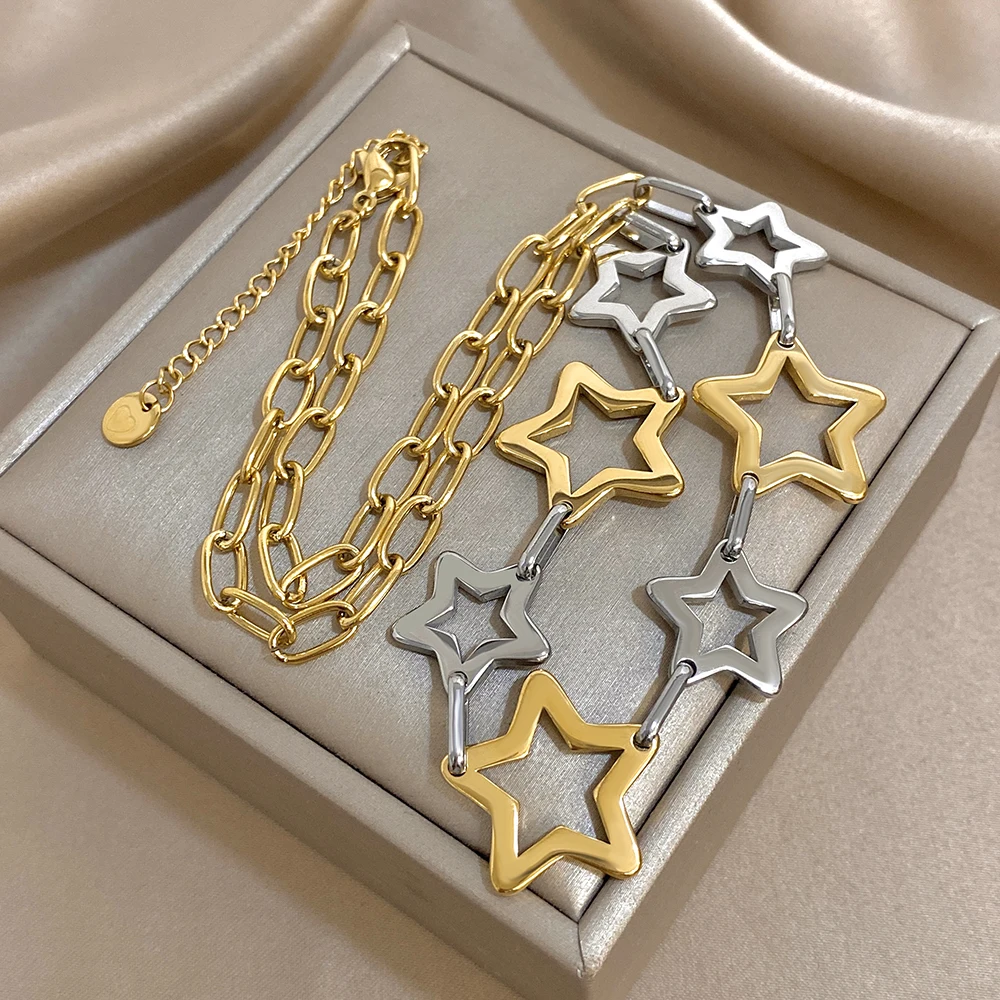 펑크 청키 할로우 스타 두꺼운 체인 스테인리스 스틸 목걸이 여성 남성 패션 금도금 스타 칼라 목걸이 주얼리
