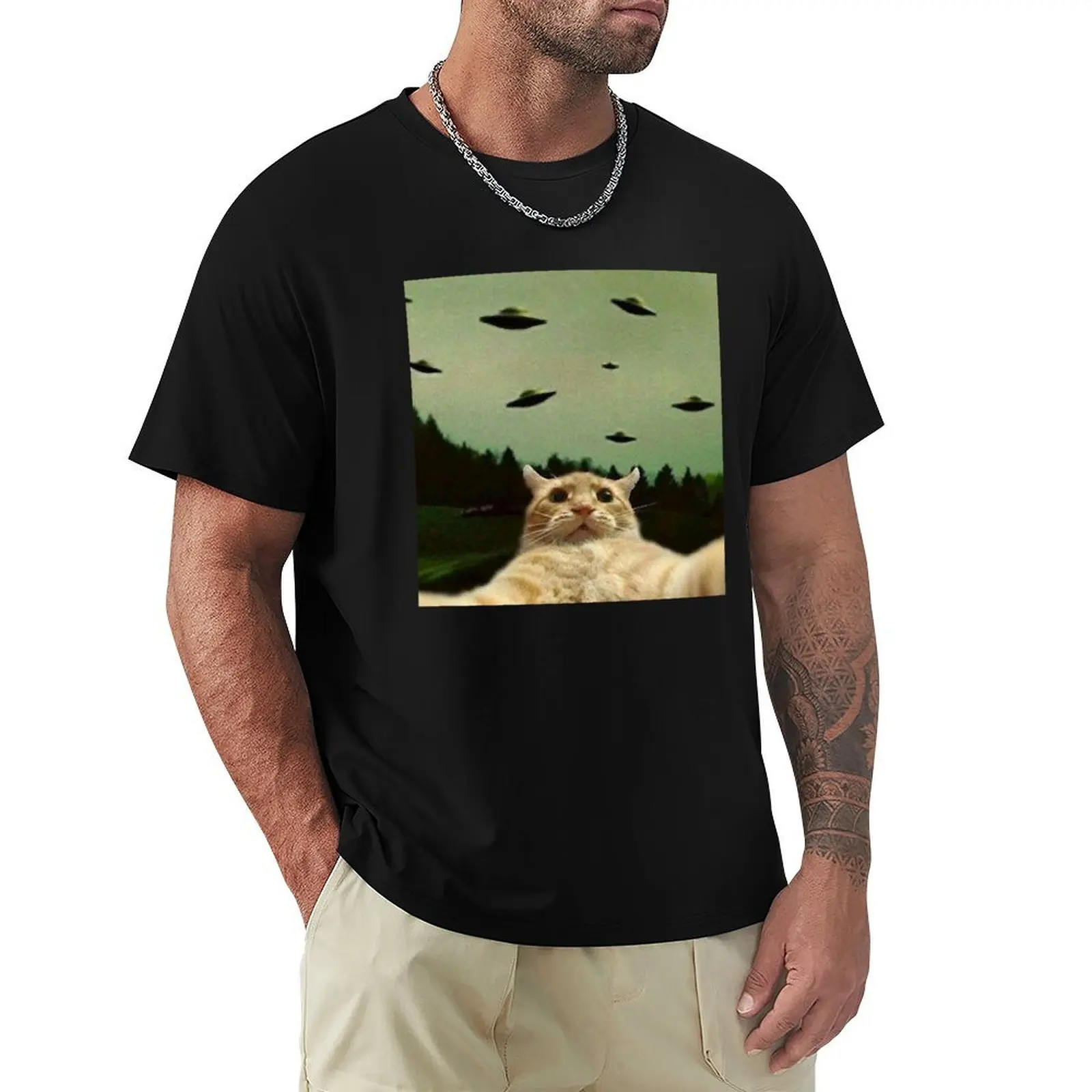 

cat selfie with ufo T-Shirt tops new edition plus size clothes T-shirt men