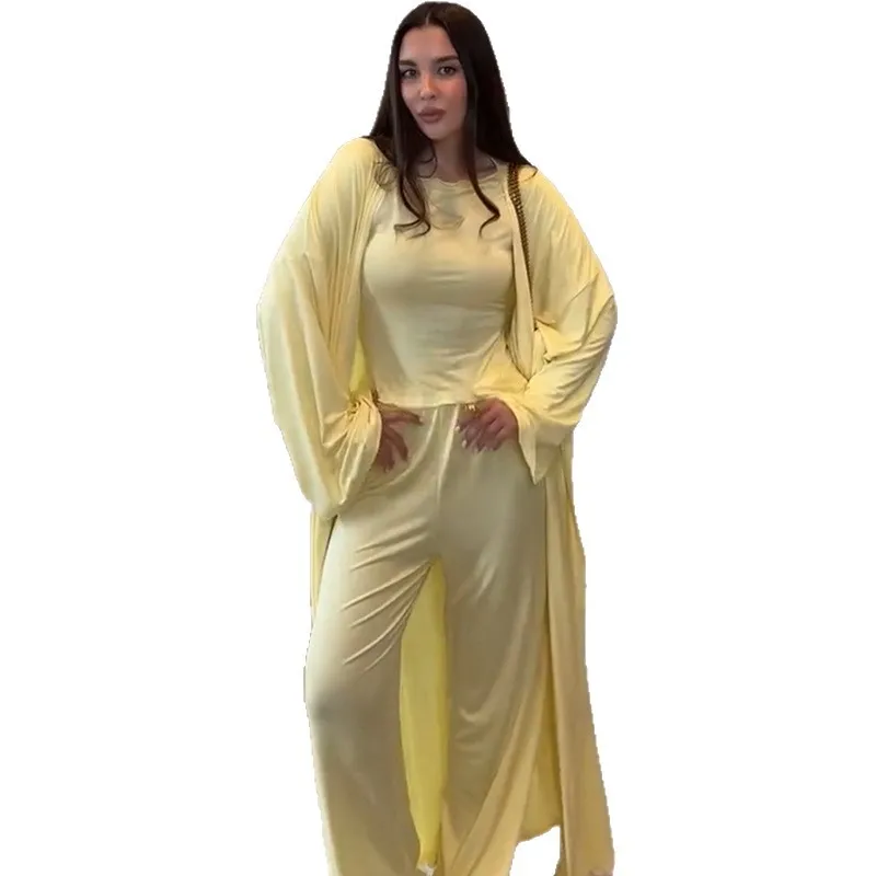 2025 여름 신상 롱 코트 긴팔 티셔츠 하이웨이스트 팬츠 3종 세트 여성 캐주얼 패션 의상