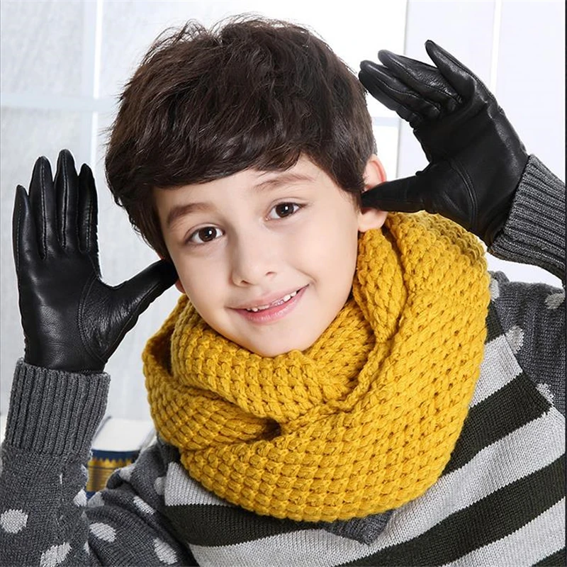 Children Autumn Sheepskin Plus Velvet Thick Gloves Boys Winter Solid Warm Glove Girls Genuine Leather Points Finger Mitten S-XL