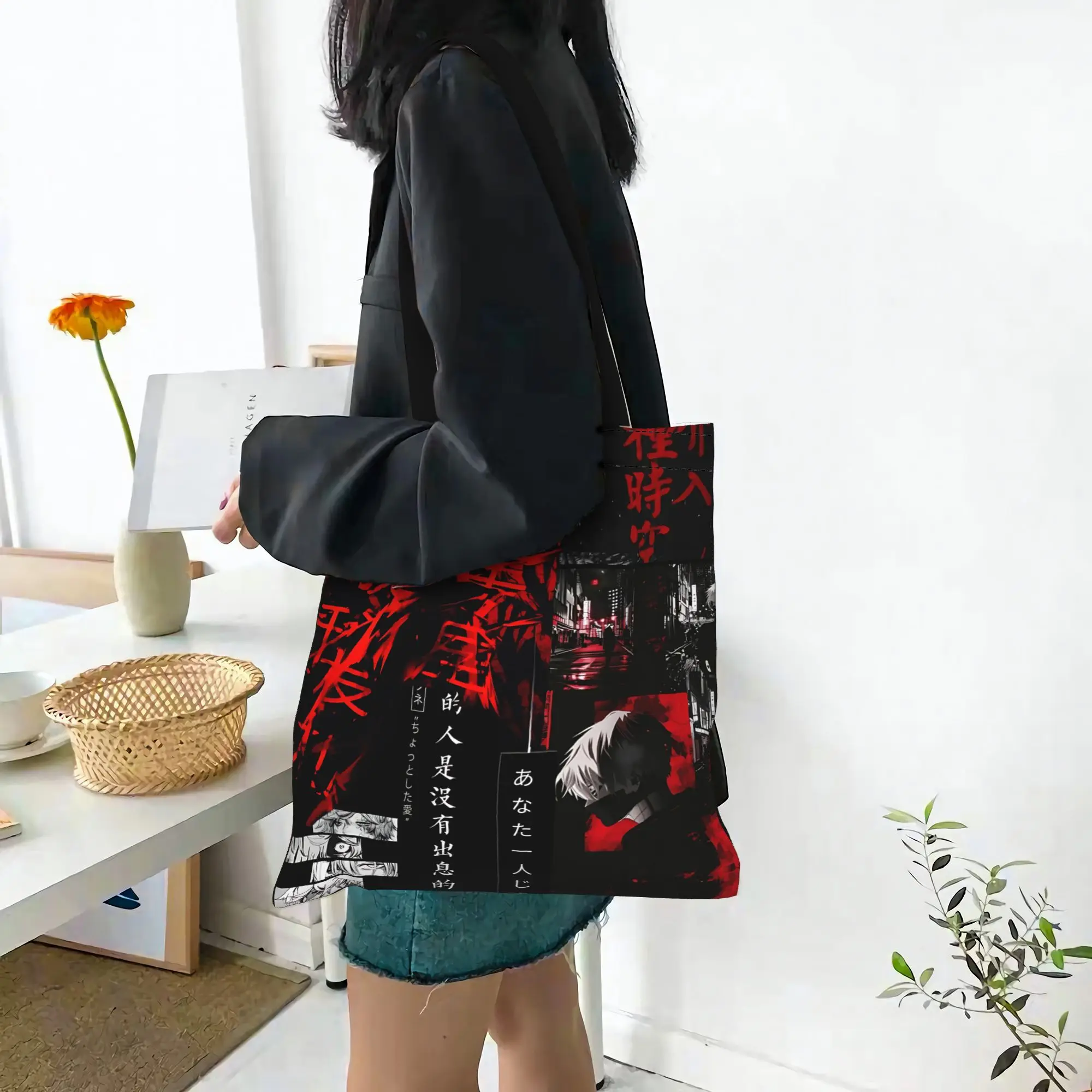 Customized Halloween Tokyo Ghoul Kaneki Women's Bag Campus Handbag Large Capacity  Canvas Tote Bag Foldable Chic Pattern