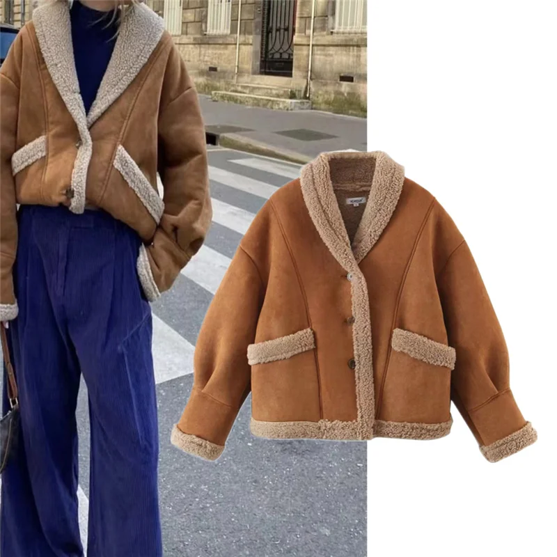 

Ретро Thiened Lamb Fur Jaet Top ort Snug Suede Повседневная теплая верхняя одежда Женская уличная одежда Pure Color f Открытый воротник