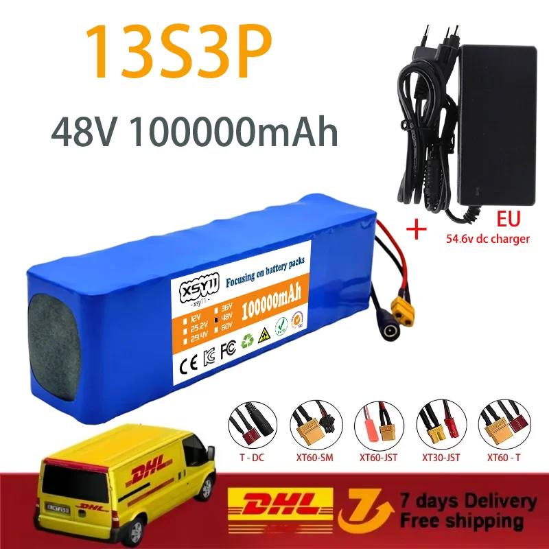 新型13S3P 48V 100Ah 1000W XT60 48Vリチウムイオンバッテリーパック（BMS付き）48Vバッテリー 48Vリチウムバッテリー 54.6V充電器