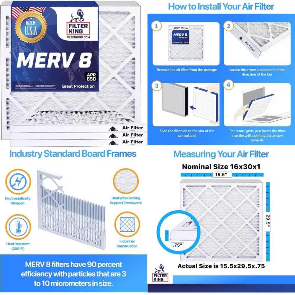 

HVAC Pleated Air Filters 16x30x1 MERV 8 12-Pack A/C Furnace Filters Made in USA Actual Size 15.5x29.5x0.7