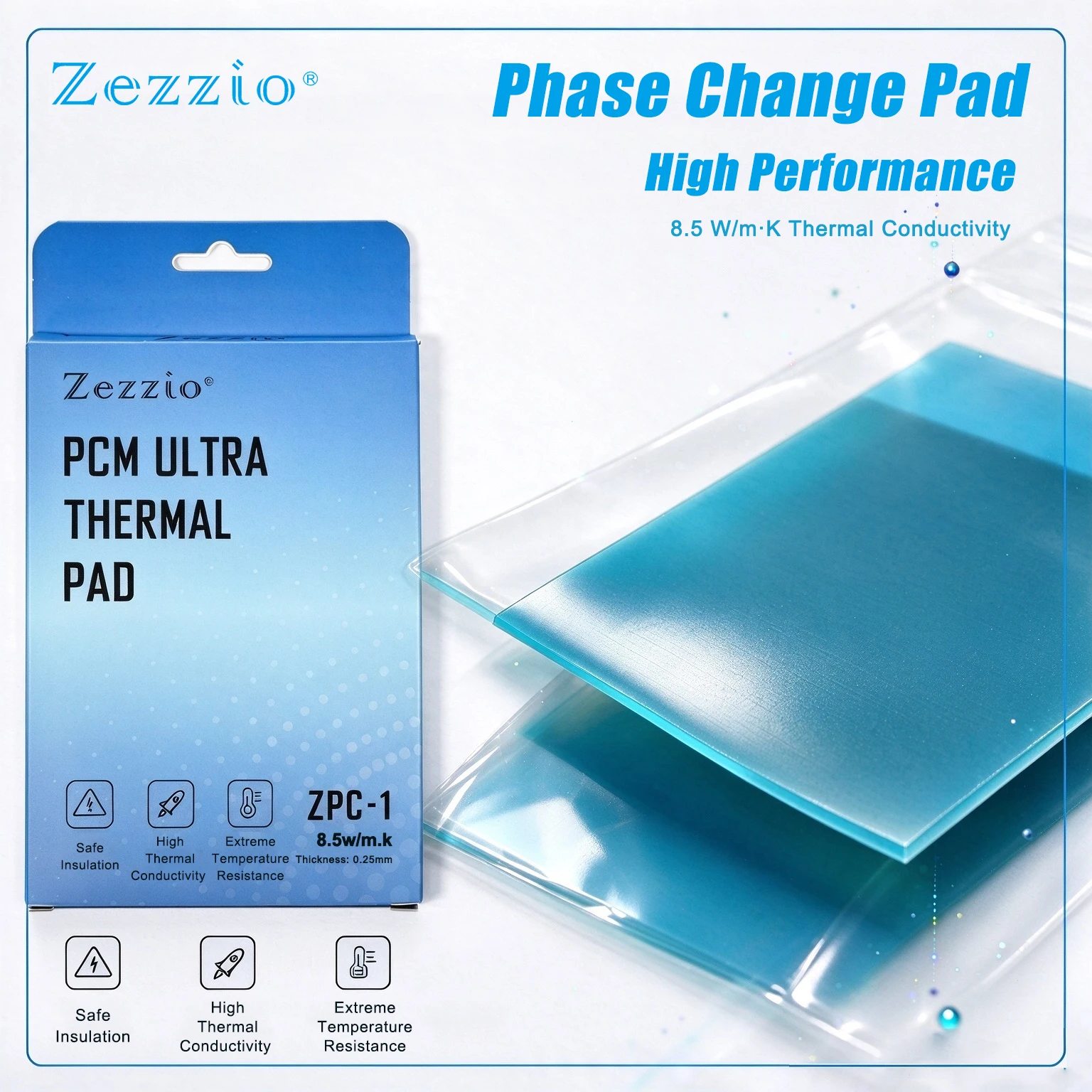 Zezzio ZPC-1, coussinet thermique à changement de phase PCM de 8,5 W, pour CPU, GPU, puces et composants électroniques, résistant aux hautes températures, coussinet en silicone thermique, 80 x 80 mm.