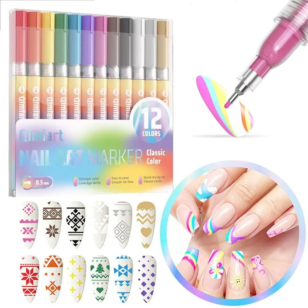 Portable 12 Colors Nail Art Pens Set Waterproof Quick Drying Drawing Painting Liner Pen DIY Graffiti Pens Nail Art Tool