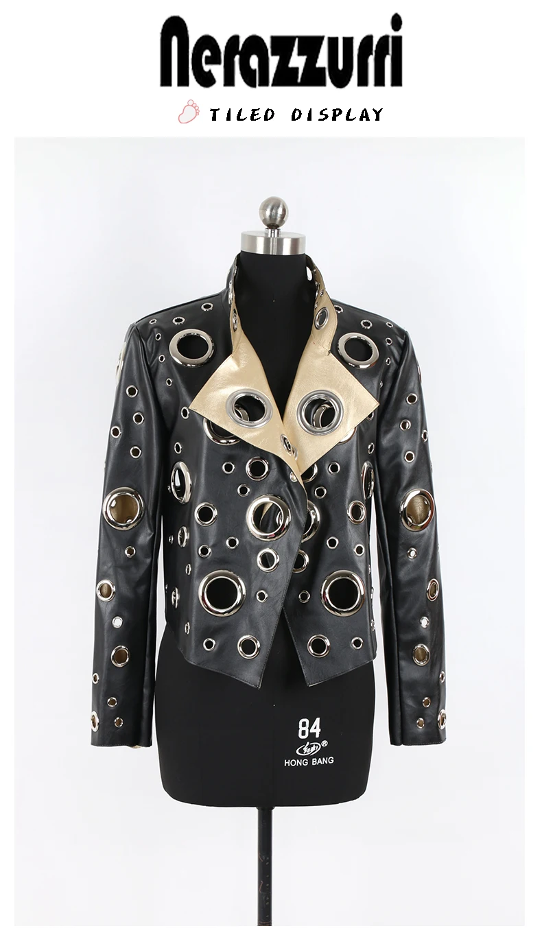 Nerazzurri Spring Autumn Short Hollow Out Pu Leather Jacket Women Rivet Cool Stylish Luxury Designer Clothes Runway Fashion 2024