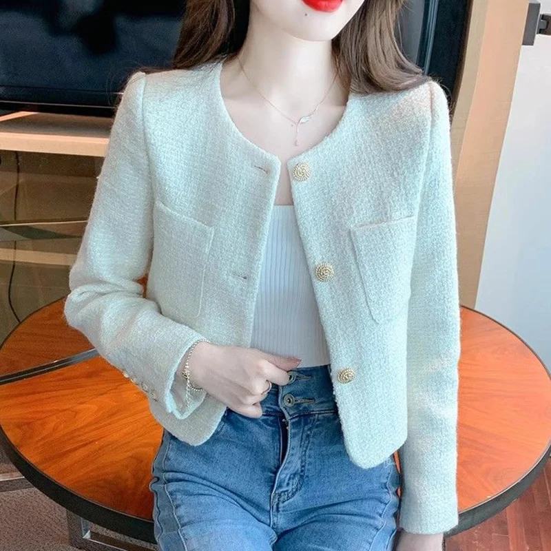 Rimocy Korean Fashion Tweed Cropped Jackets for Women 2024 Spring Round Neck Chic Coat Woman Beige Single-Breasted Jacket Female