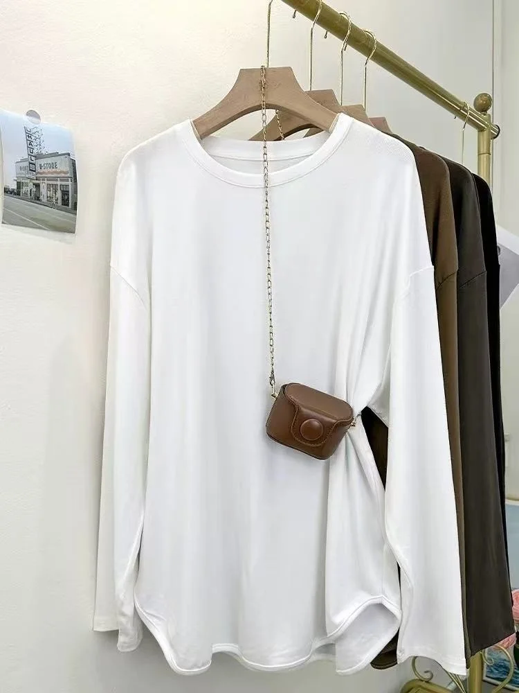 

Loose Long Sve T-irt Women's Spring Autumn Large Size Cotton 95 arkskin Pants Conceal Meat Slimming Base irt Top