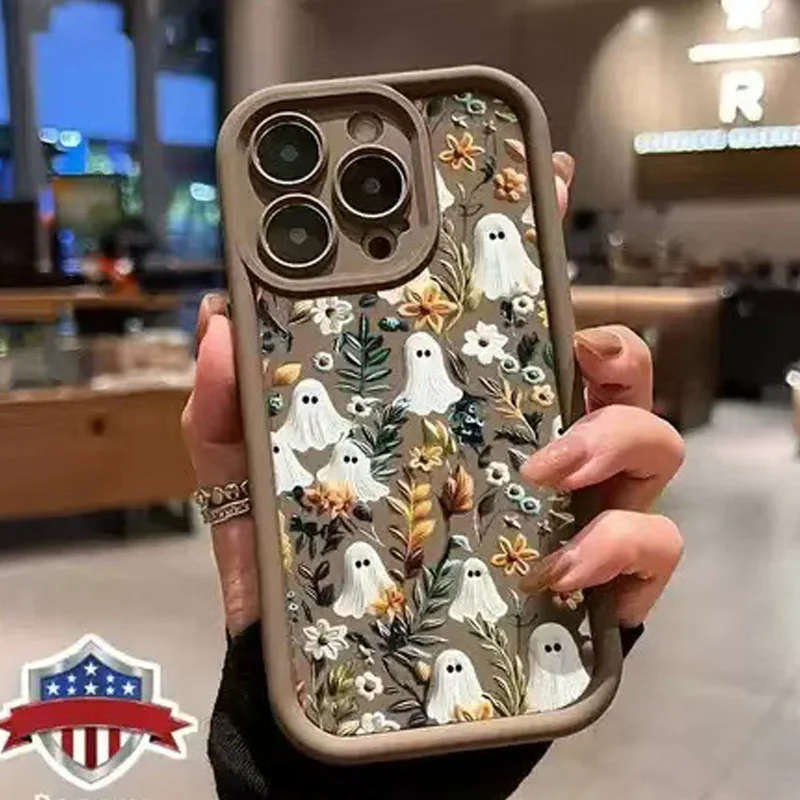 حافظة بنمط حديقة مخيفة للهالوين لهاتف 17 Pro Max 16 16e 15 14 Plus 13 12 11 Air XR X XS مصد حماية من السقوط من مادة البولي يوريثان الناعمة
