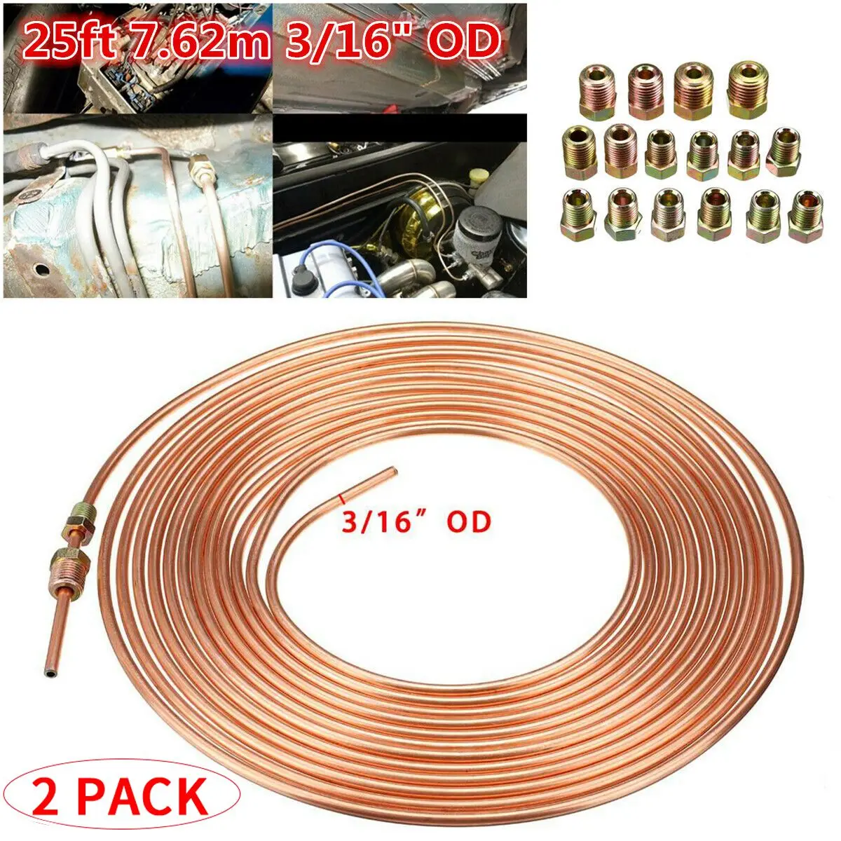 2 Pack 25Ft Copper Nickel Brake Line Tubing Kit 3/16 Inch OD + 30Pcs Fitting