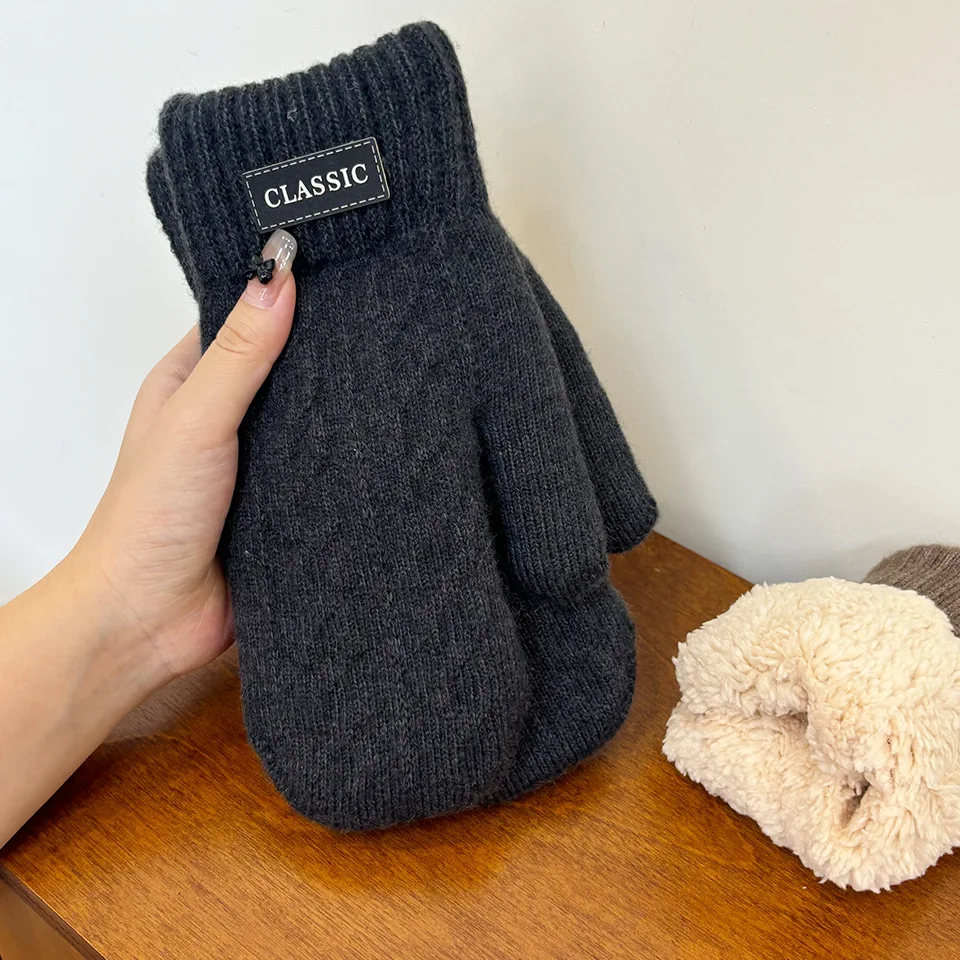 

Вязаные теплые перчатки для мужчин, варежки большого размера, бархатные утолщенные двойные перчатки, уличные ветрозащитные соединительные пальцы, оптовая продажа