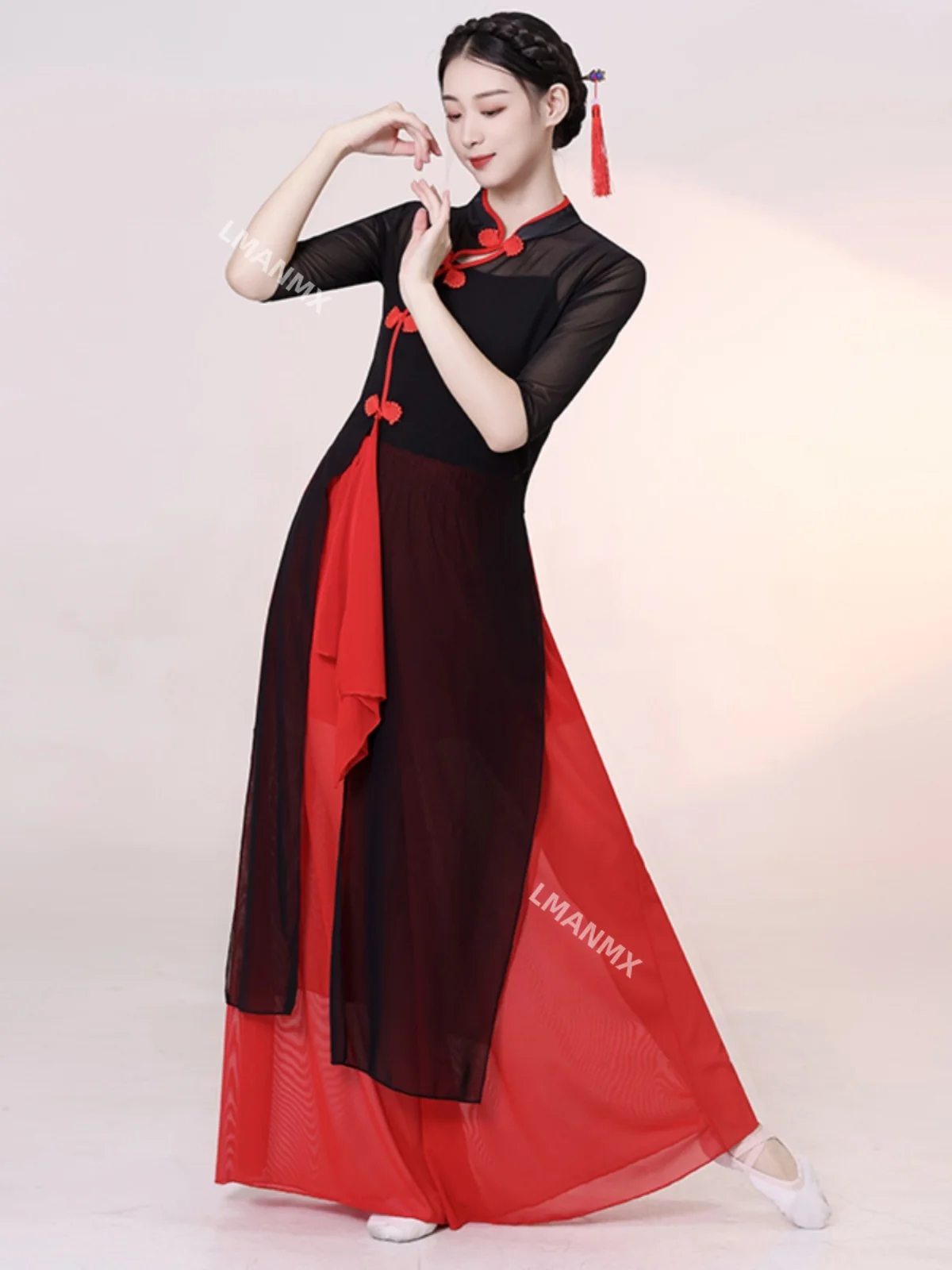 Chinese style cheongsam elegant women's classical dance elastic gauze clothing ethnic style black slanted collar dance uniform