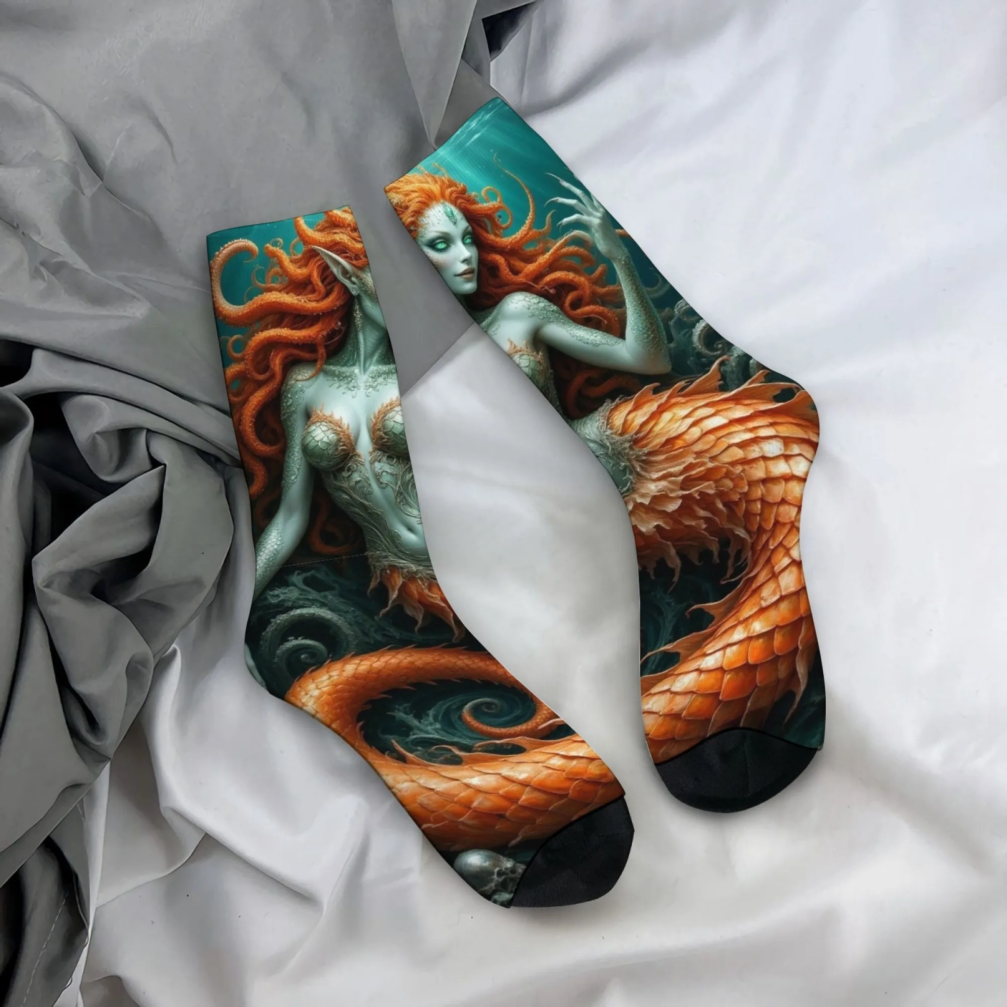 Devil Mermaid Retro-Mode Herrensocken, lässige Streetwear, verrückte Hip-Hop-Socken, atmungsaktive, rutschfeste Outdoor-Reise-Sportsocken