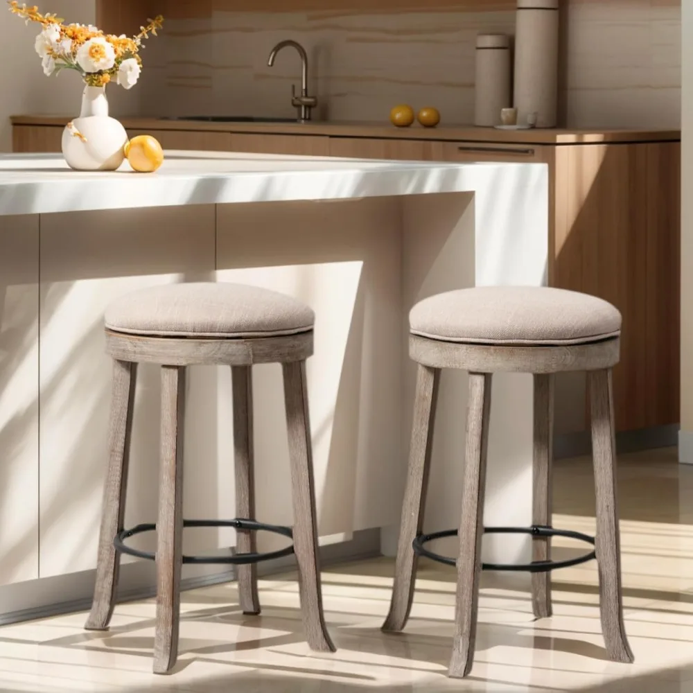 360 °   回転式バースツール 2 個セット、25.6 インチのファームハウスカウンターハイトスツール、無垢材の脚付き、モダンな背もたれのないバースツール