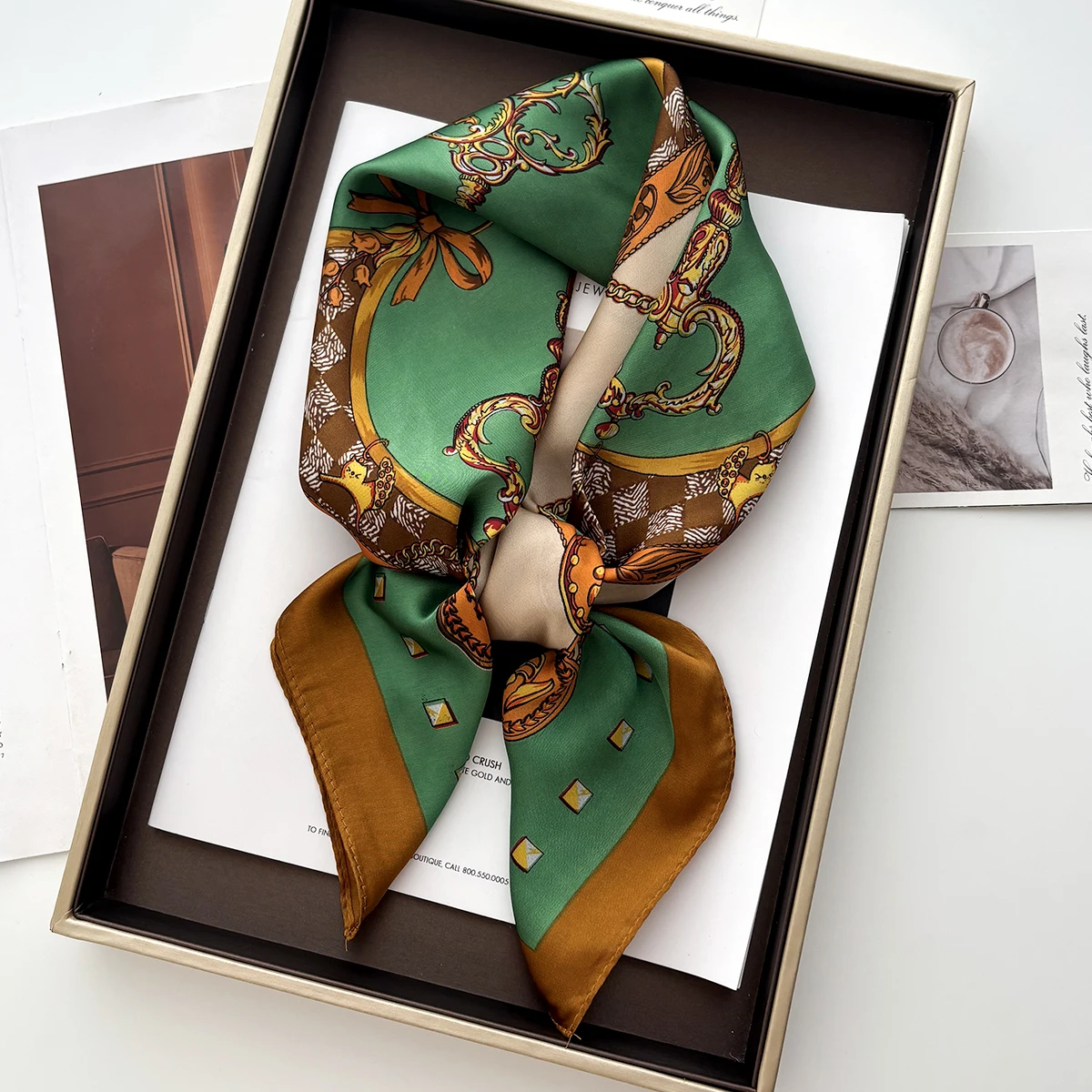 Luxuriöser quadratischer Seidenschal für Frauen, bedrucktes Kopftuch, weiches Satin-Haarband, Hände, Tasche, Bänder, Foulard, Kopf, Hijab, Halstuch, Stirnband – Detail 3