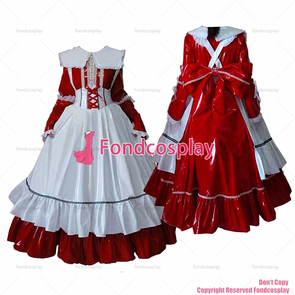 fondcosplay adult sexy cross dressing sissy maid long lockable red thin PVC Dress vinyl white apron Uniform CD/TV[G1634]