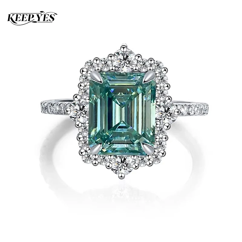 KEEP YES 4.0 Carats 8*10mm Blue Green Emerald Cut Full Moissanite Engagement Ring for Women 925 Silver Diamond Wedding Jewelry