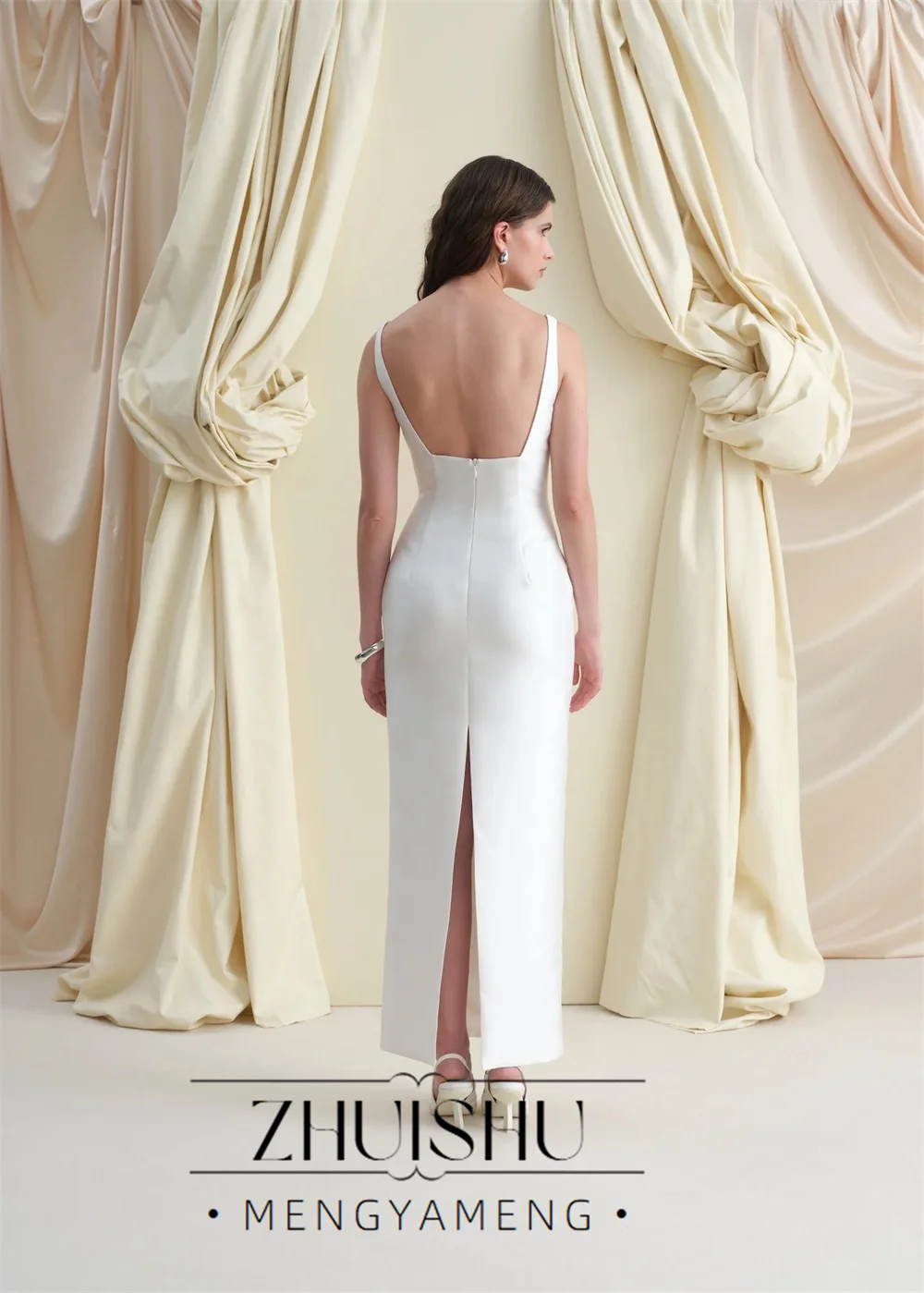 ZHUISHU Elegant White Square Collar Customized Wedding Party Sleeveless Satin Mermaid Bridal Gown Ankle-Length Wedding Gown 2026