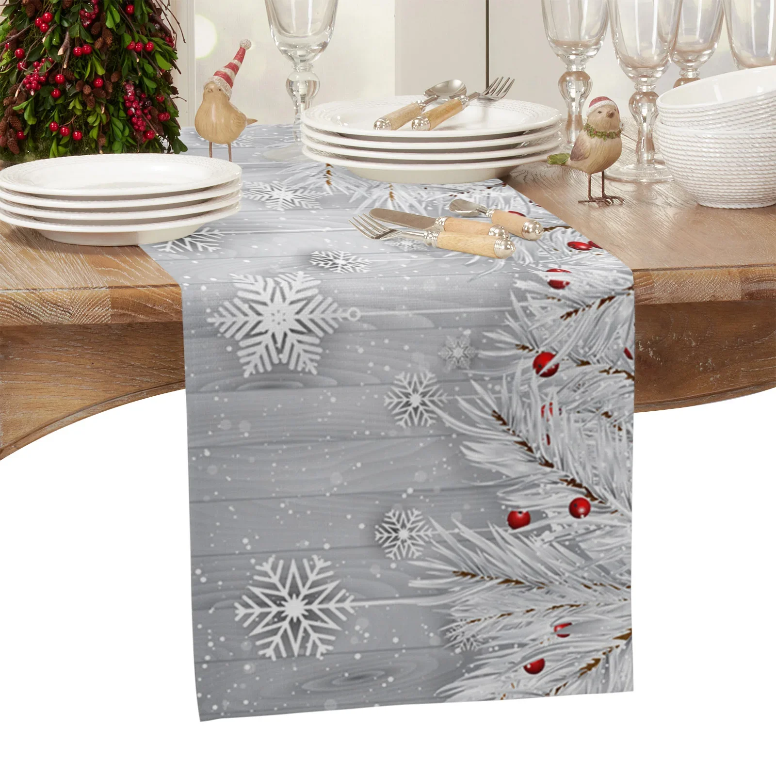 Christmas Silver Fir Leaves Snowflakes Wood Grain Linen Table Runners Kitchen Decoration Table Runner Festival Party Supplies