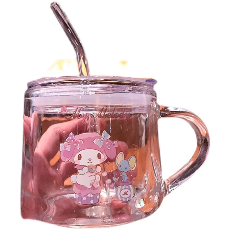 Sanrio Hello Kitty Drinkware Kuromi My Melody Cinnamoroll Cartoon Straw Glass Milk Cup Cute Home Student Cup Milk Breakfast Cup