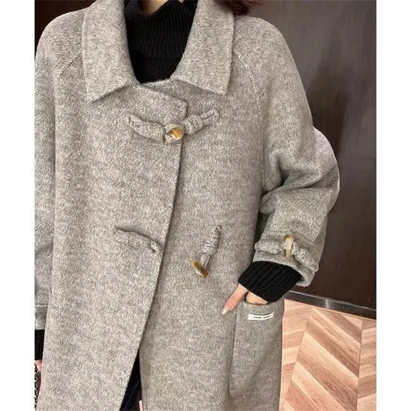 

Fashion Long Woolen Coats Women Elegant Lapel Full Sleeves Jackets 2025 Autumn Winter Thicken Warm Outwears Lady