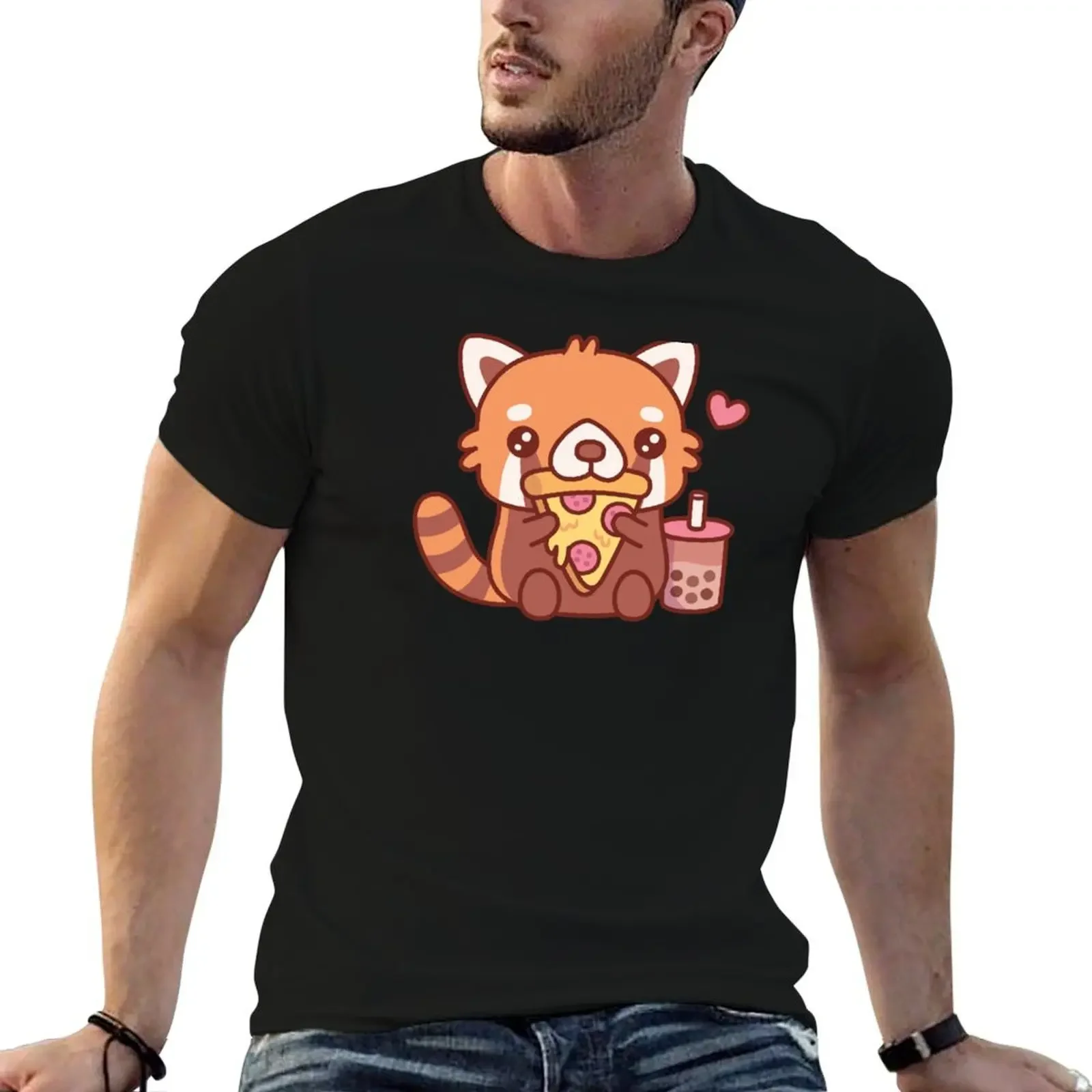 

Cute Little Red Panda Loves Eating Pepperoni Pizza T-Shirt anime plus size tops hippie clothes t shirt men 100℅ cotton