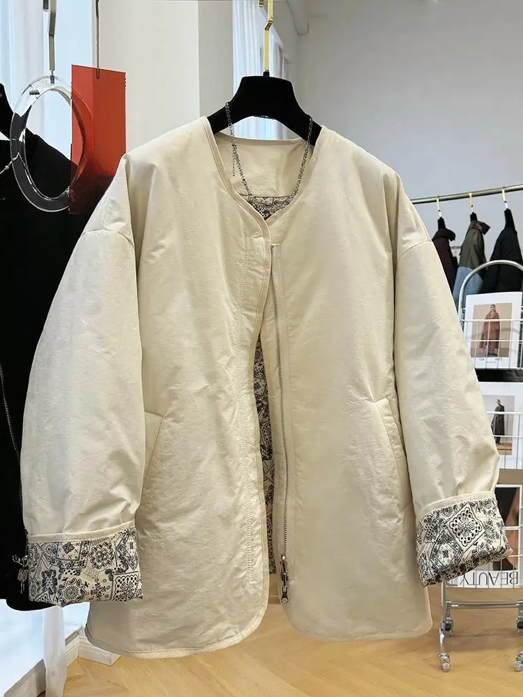 

Retro Round Neck Cotton Jacket For Women's Lazy Style Zipper Loose Casual Cotton Coat Autumn Winter Long Sleeve Overcoat