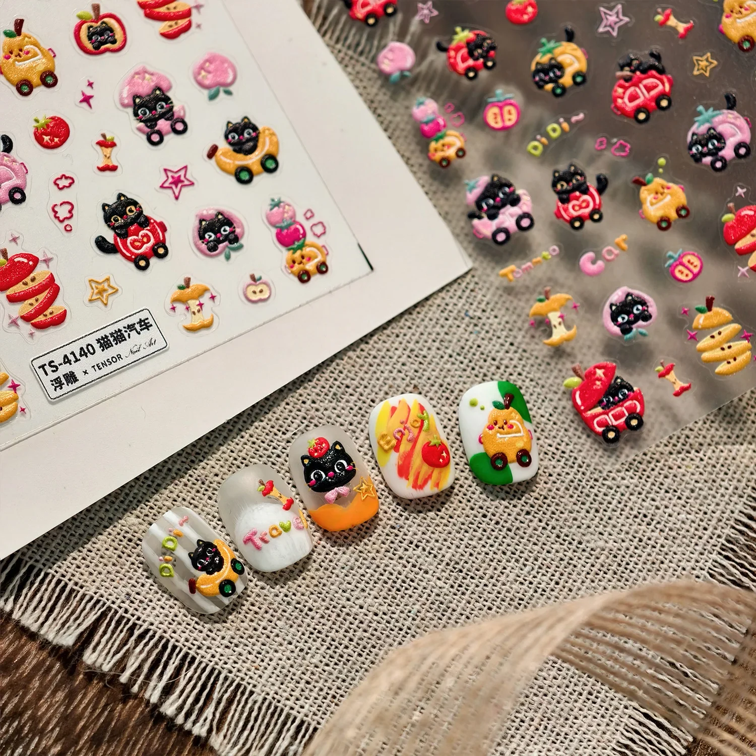 Dopamina lindo gato negro fruta coche 5D en relieve autoadhesivo pegatinas para decoración de uñas manzana melocotón plátano pera dibujos animados 3D calcomanías de manicura