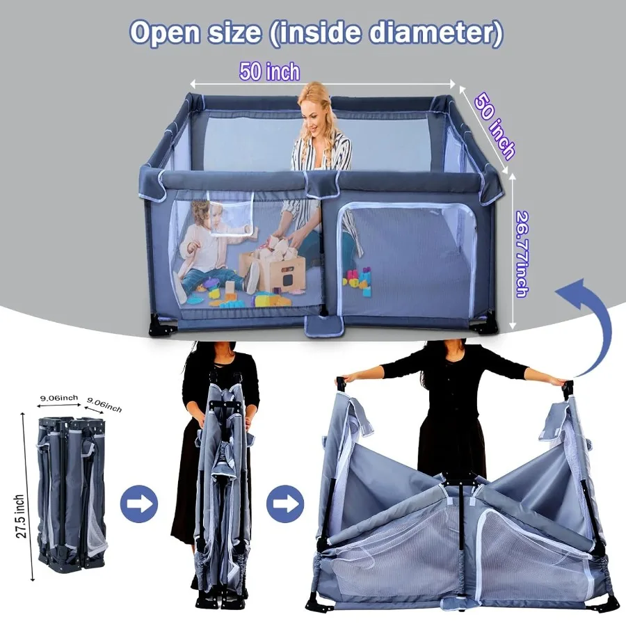 Foldable Baby Playpen 50"X50"Play pen for Babies and Toddlers Portable Playpen Collapsible Indoor and Outdoor Fence with Visibl