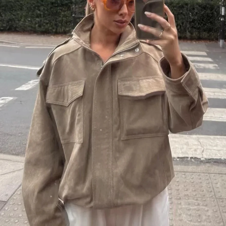 

Women Autumn Winter High Street Jacket 2025 New Solid Turtleneck Long Sleeves Pocket Women Coat Female Decoration Zipper Outwear