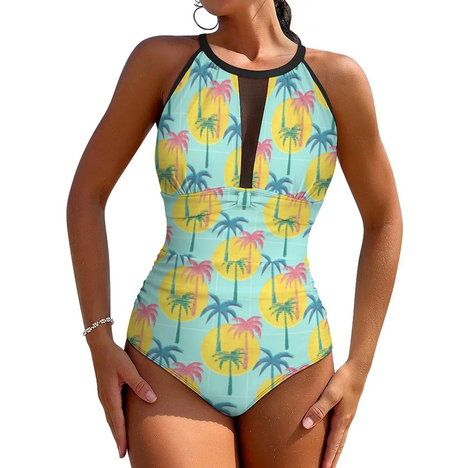 Abstract Sun Swimsuit Sexy Retro Palms Print Women Swimwear One-Piece Trend Bodysuit Holiday Push Up Hollow Out Bathing Suits